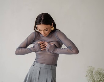 mesh fishnet sheer mesh top sheer mesh gray top longsleeve soft sretchy elegant transparent see through classic skin tight
