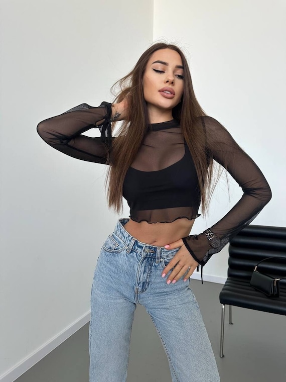 Pura malla top fishnet crop top ver a traves de top manga larga suave elastico elegante transparente crop top regalo para ella Etsy Mexico