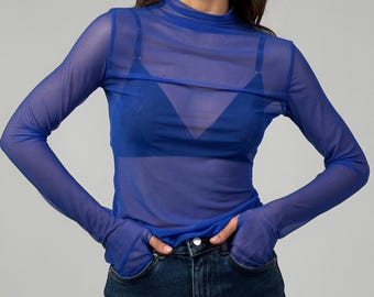 mesh fishnet top, sheer mesh top, black top long sleeve, soft stretchy, elegant transparent top, see through fabric, gift for her