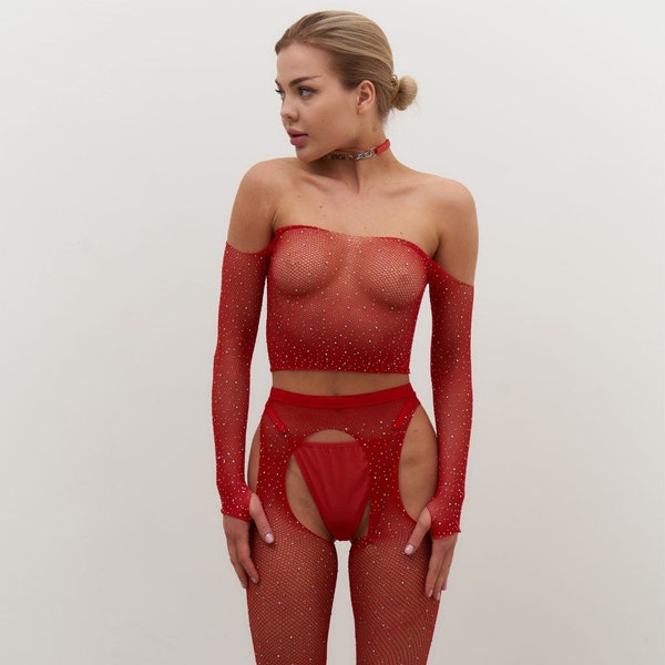 Mesh-Body-Socken, glitzernde, transparente Crop-Top-Strumpfhose, Netzstrümpfe, Strasssteine, Diamanten, Festivalkleidung, Festivalkleidung, Bodystocking