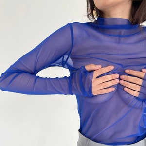 May include: A royal blue sheer long-sleeved top with a mock neck.