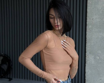 sheer mesh top, beige lace crop top, sexy top transparent, rave outfit, dance wear, gift for her