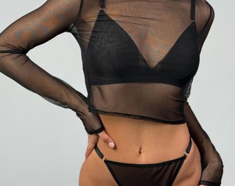 sheer crop top mesh, transparent top, sexy top, gift for her, see through top, rave wear, long sleeve crop top, lace top, y2k crop top