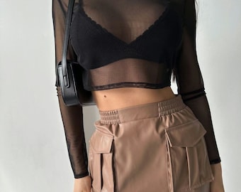 Haut court en maille transparente, haut transparent en résille, manches longues, doux, extensible, élégant, transparent, cadeau pour elle