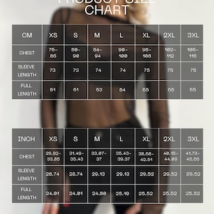 May include: Size chart for a sheer black top with long sleeves. The chart shows measurements in both centimetres and inches for chest, sleeve length, and full length. Sizes range from XS to 3XL.