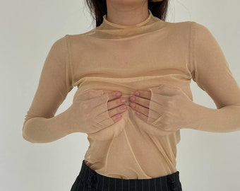 turtleneck see through mesh, fishnet sheer mesh top beige, longsleeve soft sretchy, elegant transparent blouse, gift for her