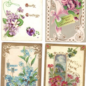 Lotto di 4 cartoline di auguri antichi con fiori - Lotto 990