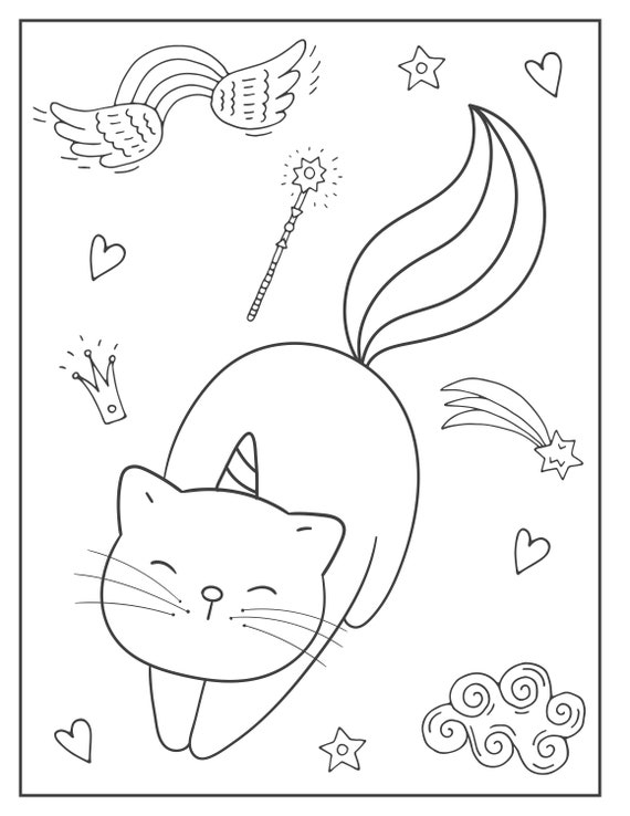 Coloring page. Cute artist kitten with easel and paint brush Stock