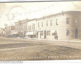 RPPC - Brown City Michigan 1911 Vintage Postcard, Brown City Bank Looking West