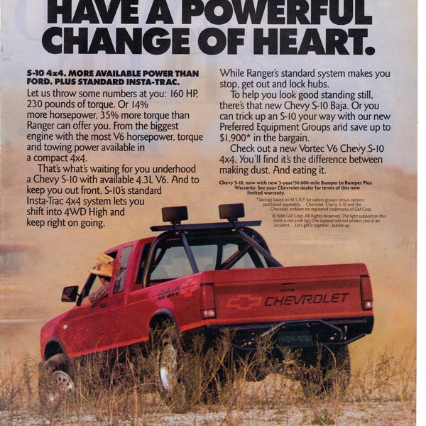 Vintage 1989 Print Ad for Chevy S10 4x4