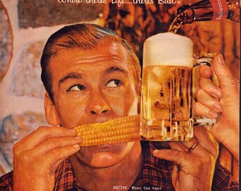 Vintage Print Ad -1960 Budweiser Beer - Man Eating Corn Cob