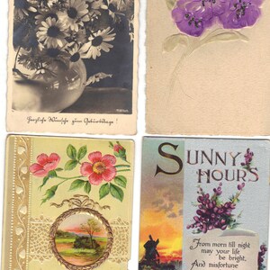 Lotto di 4 cartoline di auguri antichi con fiori - Lotto 975
