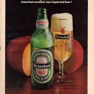 Vintage 1977 Print Ad for Heineken Beer and True Cigarettes