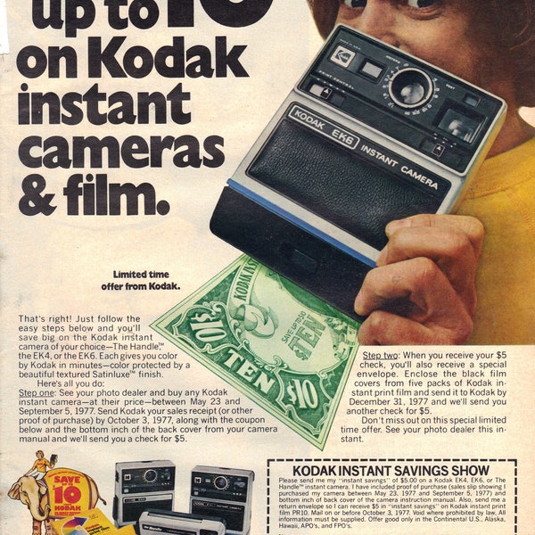 publicité imprimée vintage 1977 pour les appareils photo instantanés Kodak