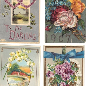 Lotto di 4 cartoline di auguri antichi con fiori - Lotto 982