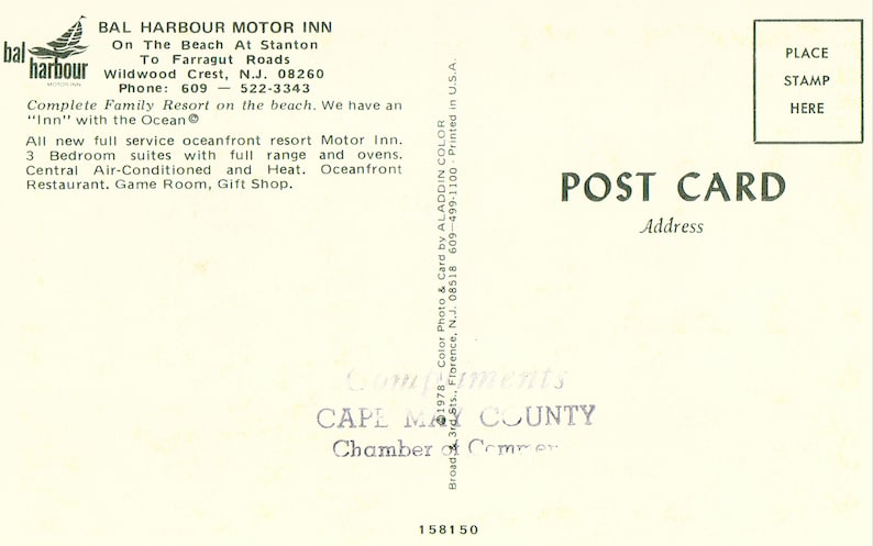 Bal Harbour Motor Inn Vintage Postcard Wildwood Crest,New Jersey