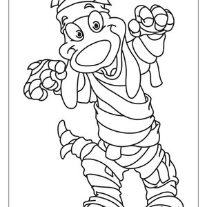 Puede incluir: Un dibujo en blanco y negro de un perro disfrazado de momia para Halloween. El perro sonríe y tiene los brazos extendidos.