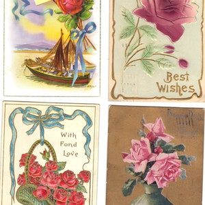 Lotto di 4 cartoline di auguri antichi con rose - Lotto 969
