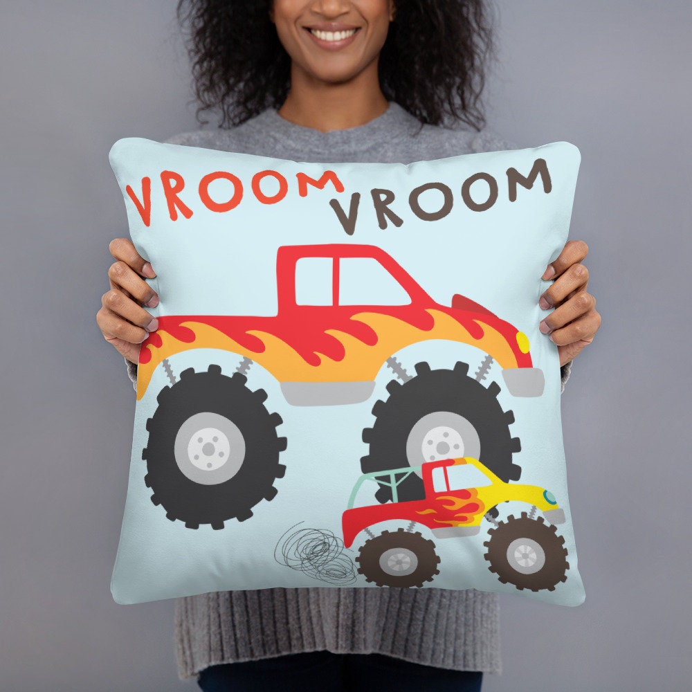 Vroom Pillow, Monster Truck Throw Pillow, Toddler Boy Nursery Decor