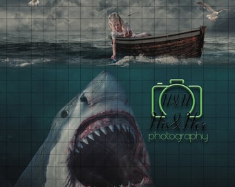 Shark Attack, Boat, Vertical and Horizontal, Ocean, Digital Background, Digital Backdrop, Digital Download, Photoshop Background