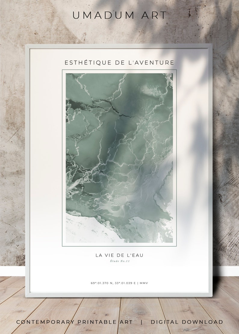 May include: A printable art print with a green and white marble-like design. The text "ESTHETIQUE DE L'AVENTURE" is at the top of the print, and the text "LA VIE DE L'EAU" is at the bottom. The text "Etude No. 11" is below the title, and the coordinates "69&deg;.01.370 N. 33.01.039 E MMV" are below that.