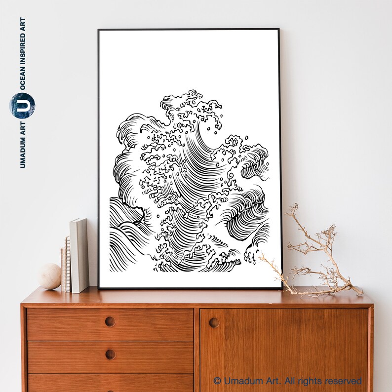 Japanese Wave Print Line Art Poster Black and White Waves Line Drawing