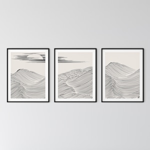 Japandi Sun Set of 3 Abstract Minimalist Beige Printable Art Ocean Wave Prints Landscape Line Art Japanese drawing Organic Wall Art