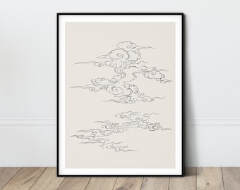Puede incluir: Una impresión artística enmarcada con un diseño minimalista de nubes estilizadas en negro sobre un fondo crema. La obra de arte está encerrada en un marco negro, creando una estética moderna. Las formaciones de nubes están detalladas con líneas fluidas.