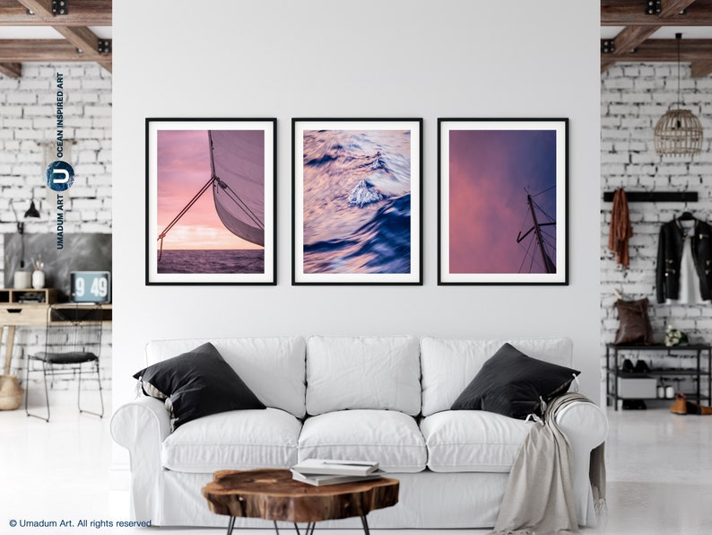 Sailing set of 3 Sailboat Art Print Yacht Wall Decor Navy Blush Ocean Nautical Photography Boat office poster Sails gallery wall Maritime image 5