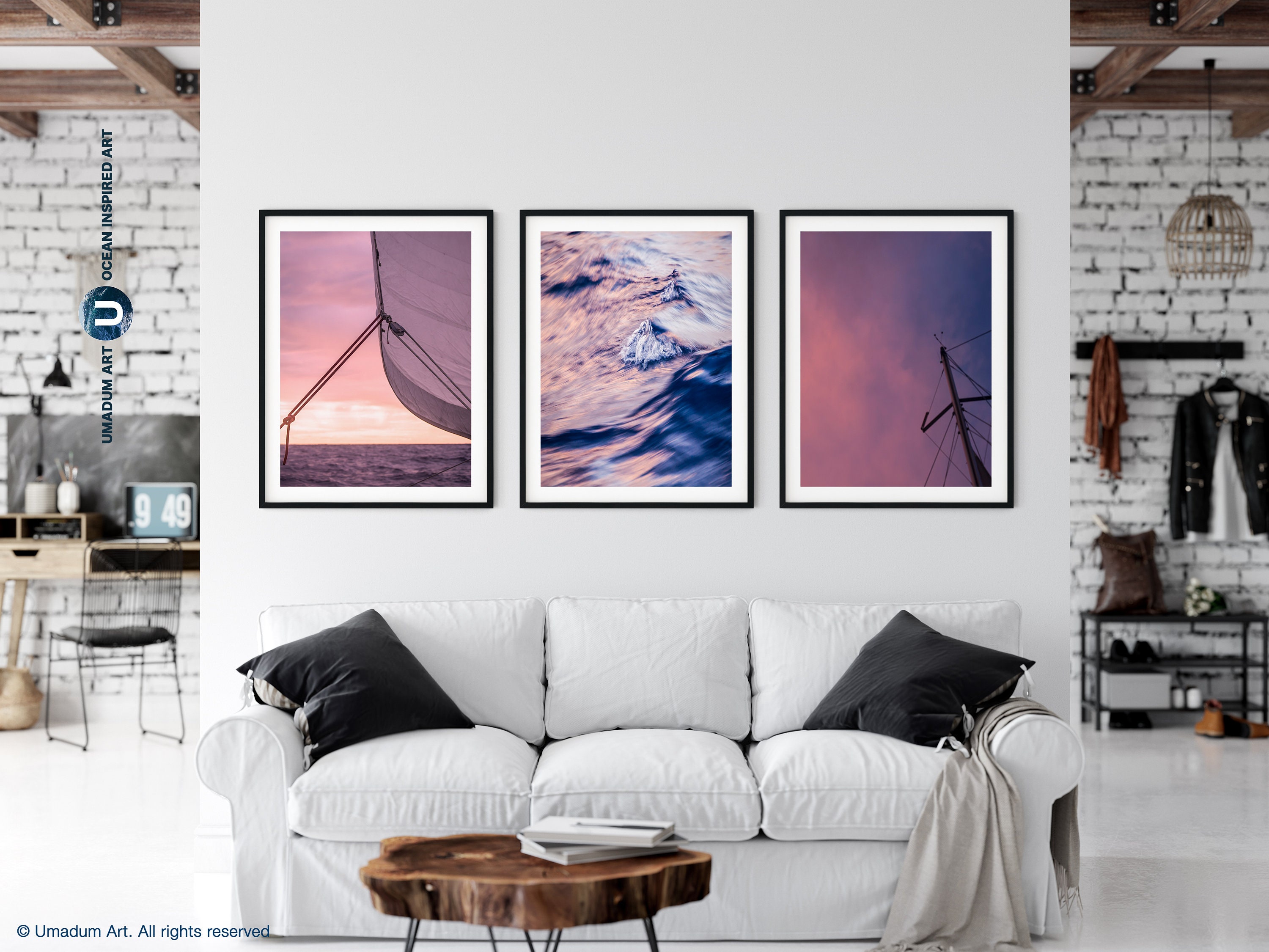Sailing Set of 3 Sailboat Art Print Yacht Wall Decor Navy Blush Ocean ...