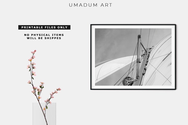 May include: Black and white photograph of a sailboat's rigging and sail. The image is taken from a low angle, looking up at the sail.