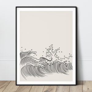 K&ouml;nnte beinhalten: Schwarz-wei&szlig;-Linienkunst-Druck von brechenden Wellen. Der Druck hat einen beigefarbenen Hintergrund und ist in einem schwarzen Rahmen gerahmt.
