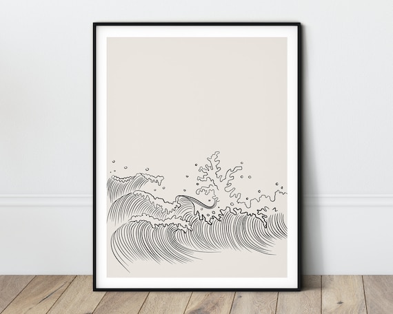 Japandi print Modern graphic art Wave line art Minimalist drawing Simple bathroom art Organic wall decor Abstract ocean print Geometric wave