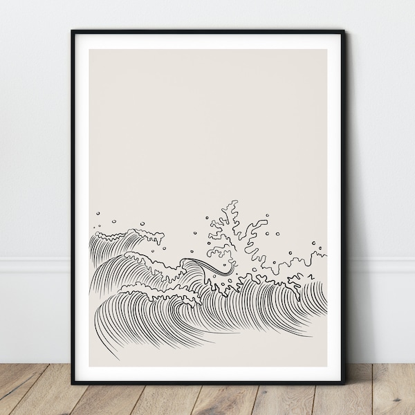 Japandi print Modern graphic art Wave line art Minimalist drawing Simple bathroom art Organic wall decor Abstract ocean print Geometric wave