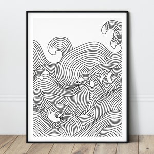 Abstract Wave Print Black and white Line Art Poster Japanese Waves Simple Line Drawing Minimalist Coastal Ocean wave Line Draw