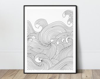 Abstract Wave Print Black and white Line Art Poster Japanese Waves Simple Line Drawing Minimalist Coastal Ocean wave Line Draw