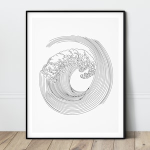 Rolling Waves Print Black and White Ocean Wave Line Art Abstract sea poster Japanese great wave Printable Modern Illustration Decor