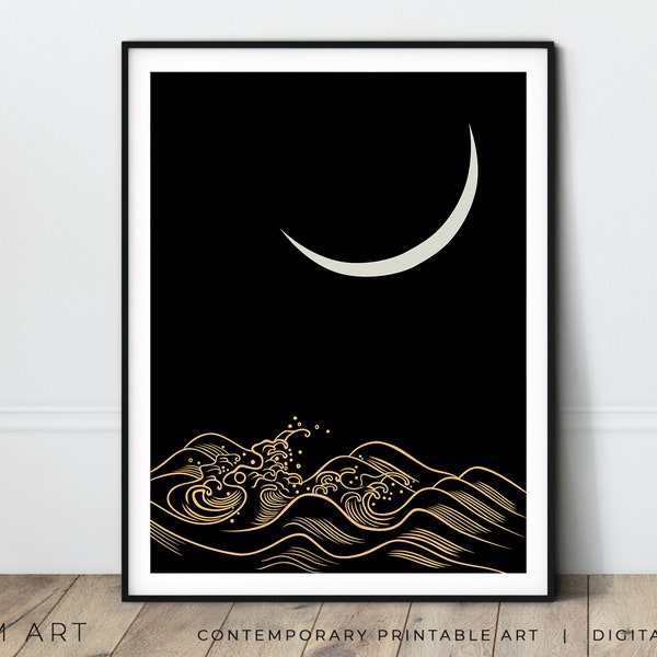 Japandi abstract art japanese wave print downloadable sea art ocean line art continuous line minimalist wall art abstract organic wave art