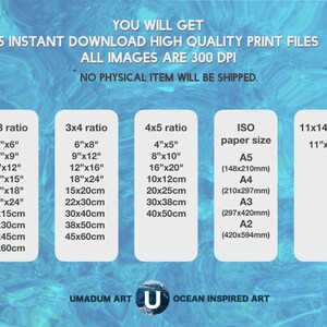 K&ouml;nnte beinhalten: Eine Tabelle mit verschiedenen Druckgr&ouml;&szlig;en f&uuml;r digitale Downloads von ozeaninspirierter Kunst. Die Tabelle enth&auml;lt die Verh&auml;ltnisse 2x3, 3x4, 4x5 und 11x14 sowie die Standard-ISO-Papierformate in Millimetern. Der Text "UMADUM ART" und "OCEAN INSPIRED ART" befindet sich am unteren Rand der Tabelle.