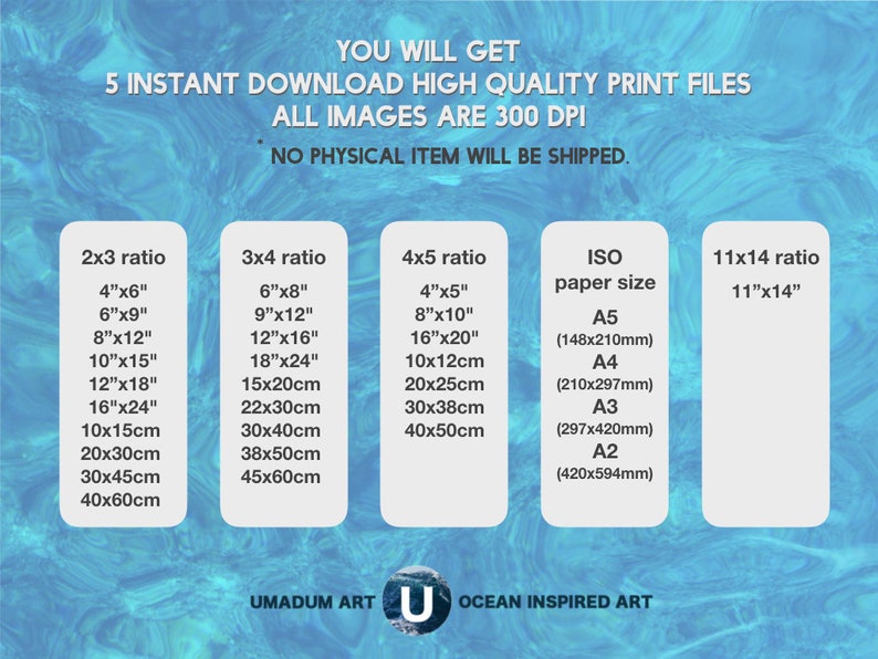 K&ouml;nnte beinhalten: Eine Tabelle mit verschiedenen Druckgr&ouml;&szlig;en f&uuml;r digitale Downloads von ozeaninspirierter Kunst. Die Tabelle enth&auml;lt die Verh&auml;ltnisse 2x3, 3x4, 4x5 und 11x14 sowie die Standard-ISO-Papierformate in Millimetern. Der Text "UMADUM ART" und "OCEAN INSPIRED ART" befindet sich am unteren Rand der Tabelle.