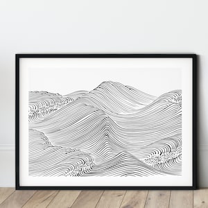 Abstract Ocean Waves Black and White Minimalist Print Simple Sea Line Downloadable Drawing Printable Sea Print Continuous Line Art Japanese