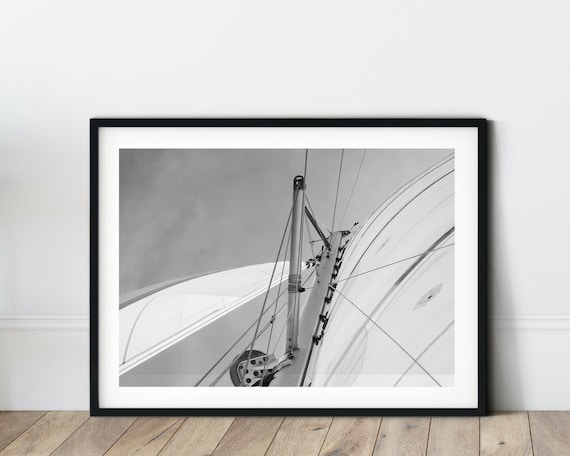 Black White Sailing Sailboat Art Print Nautical Photography Sail Boat Decor Classic Yacht Poster Printable Men's Home Sailor House Gift