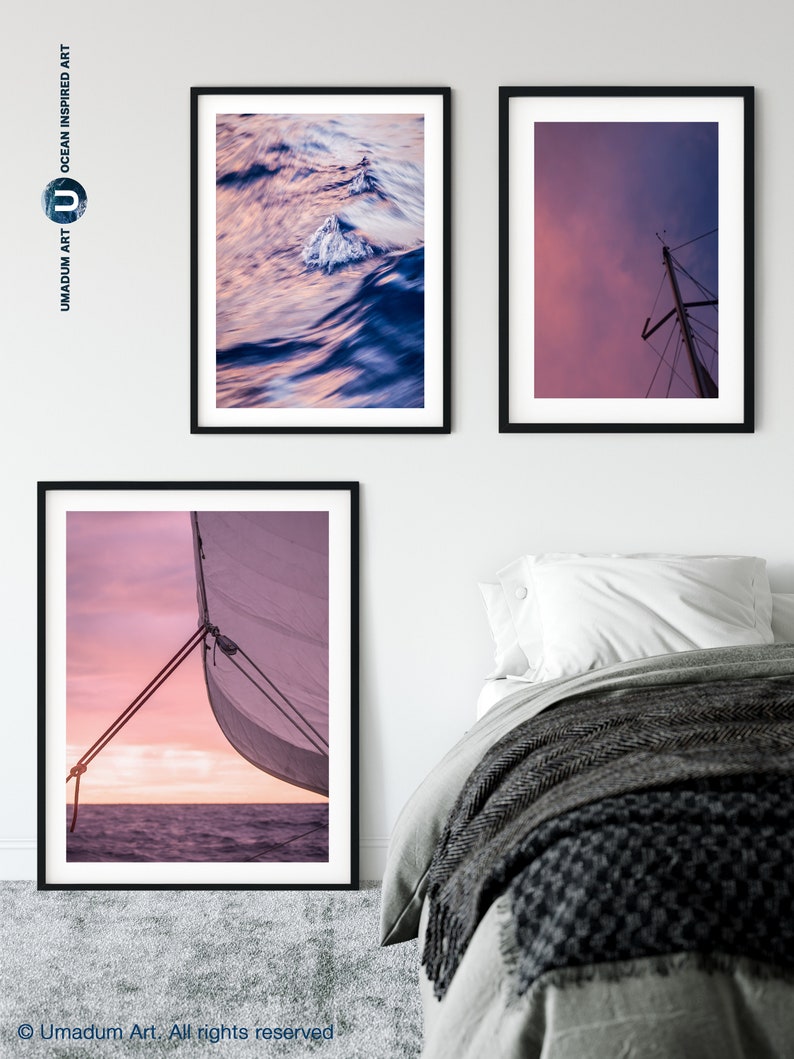 Sailing set of 3 Sailboat Art Print Yacht Wall Decor Navy Blush Ocean Nautical Photography Boat office poster Sails gallery wall Maritime image 7