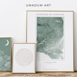 May include: Three framed prints with a green and white color scheme. The top print features a green marble-like design with the text "Esth&eacute;tique de l'aventure" and "La vie de l'eau". The middle print features a white circle with a wave pattern on a white background. The bottom print features a white wave design with a crescent moon on a green background.