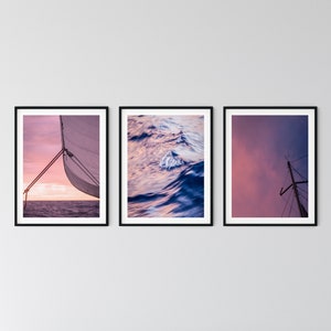 Sailing set of 3 Sailboat Art Print Yacht Wall Decor Navy Blush Ocean Nautical Photography Boat office poster Sails gallery wall Maritime image 1