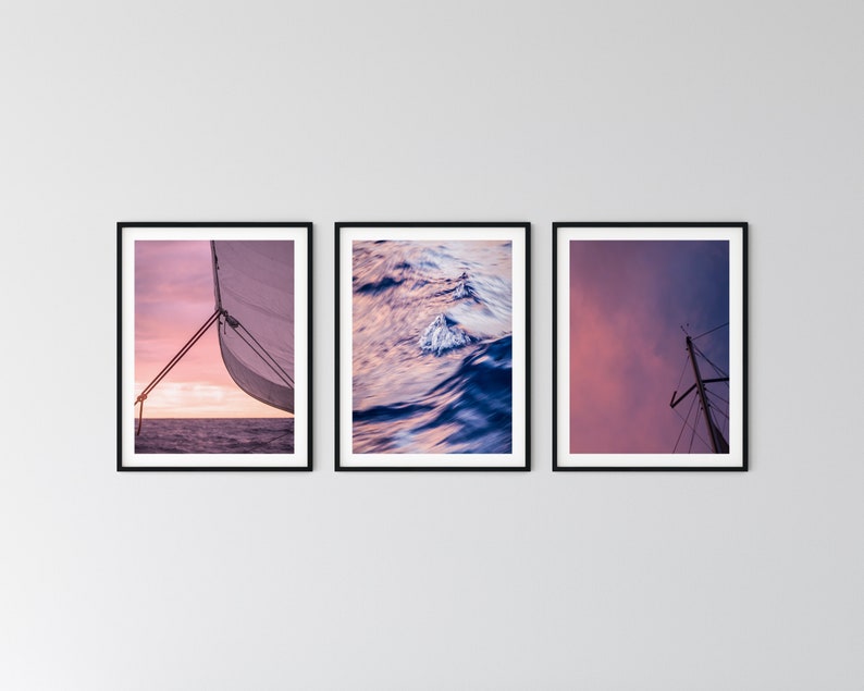 Sailing set of 3 Sailboat Art Print Yacht Wall Decor Navy Blush Ocean Nautical Photography Boat office poster Sails gallery wall Maritime image 1