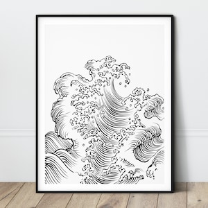 Japanese Wave Print Line Art Poster Black and White Waves Line Drawing Minimalist print Printable Modern Art Nautical line art