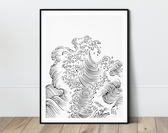 Japanese Wave Print Line Art Poster Black and White Waves Line Drawing Minimalist print Printable Modern Art Nautical line art