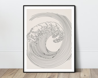 Abstract wave print Minimalist wall art Continuous line art Japandi decor Simple bathroom art Organic Beige Art Neutral tone poster