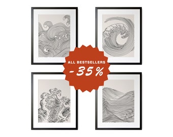 Japandi wall art Set of 4 prints Wave graphic poster Japanese minimalist abstract ocean art Continuous line art Wabi Sabi printable